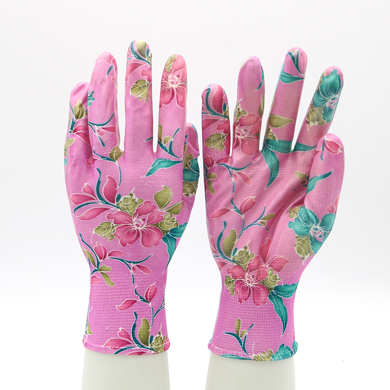 HSNT05-garden-gloves Waterproof Polyester Liner Pink Floral Nitrile Work Garden Gloves Dezi Associates Ltd