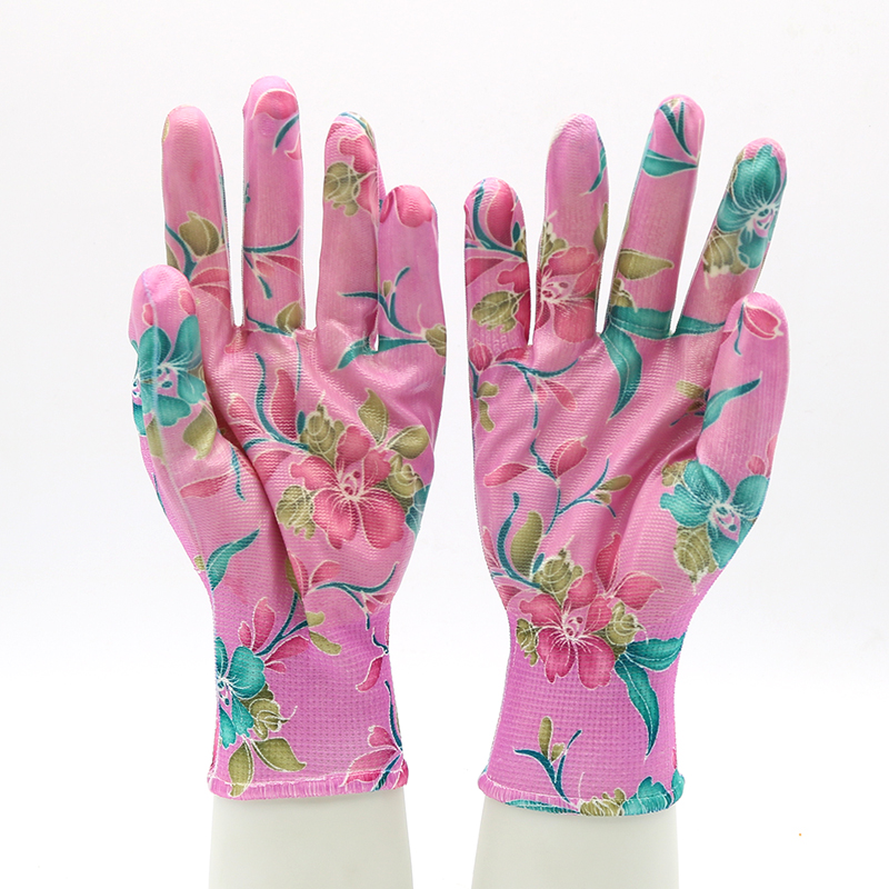 HSNT05-garden-gloves Waterproof Polyester Liner Pink Floral Nitrile Work Garden Gloves Dezi Associates Ltd