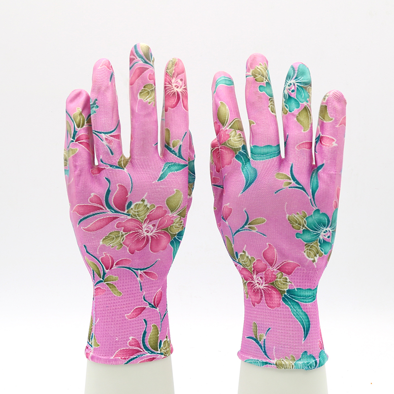 HSNT05-garden-gloves Waterproof Polyester Liner Pink Floral Nitrile Work Garden Gloves Dezi Associates Ltd