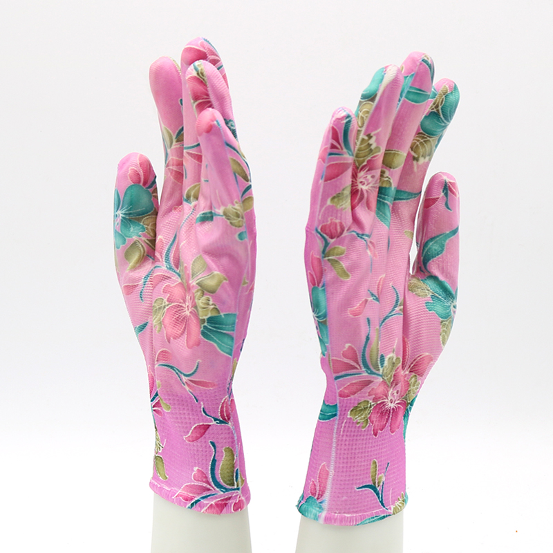 HSNT05-garden-gloves Waterproof Polyester Liner Pink Floral Nitrile Work Garden Gloves Dezi Associates Ltd