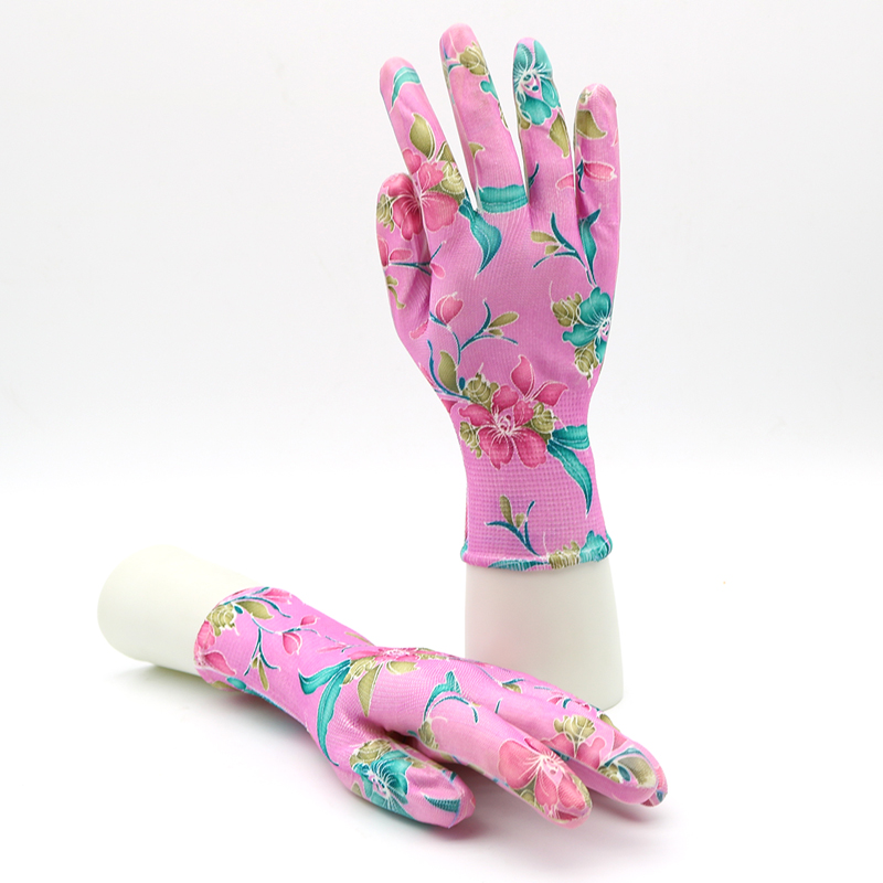 HSNT05-garden-gloves Waterproof Polyester Liner Pink Floral Nitrile Work Garden Gloves Dezi Associates Ltd