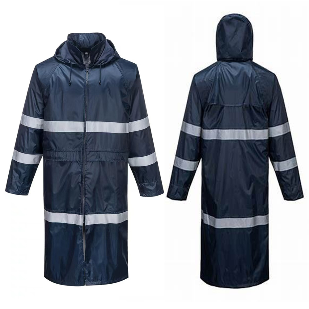 RT48-rain-coat Navy Blue Waterproof Polyester PVC Hi-vis Reflective Raincoat Dezi Associates Ltd